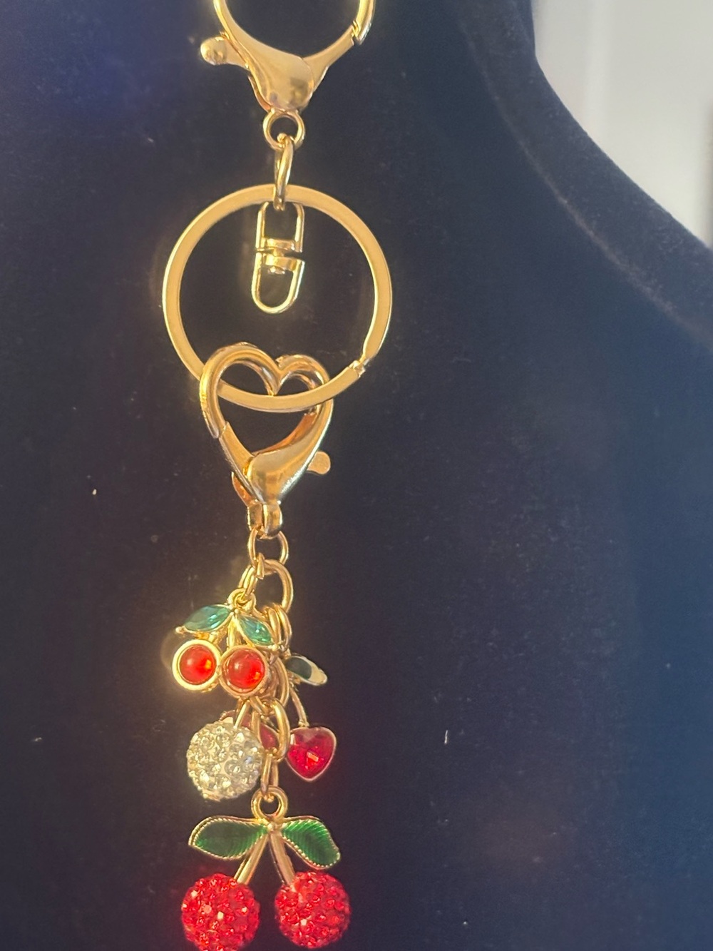 Gold-Tone Red Cherry Charm Keychain /purse,bling Pendant